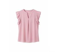 BIBOKAOKE Camiseta para niña con cuello en V y mangas con volantes, parte superior holgada con sutil ribete plisado | Top de verano ligero para ocio y excursiones