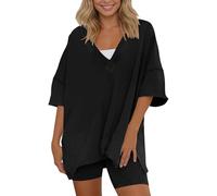 BIBOKAOKE Chándal de dos piezas para mujer, cuello en V de gran tamaño, con mangas cortas y dobladillo asimétrico con pantalones cortos de cintura alta, traje informal que realza la figura para el día