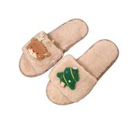 BIBOKAOKE Pantuflas para mujer - Pantuflas abiertas mullidas con aplicación de Santa y árbol de Navidad | Cómodas diapositivas suaves para el hogar y uso informal en invierno, Estilo P02 Caqui, 41 EU