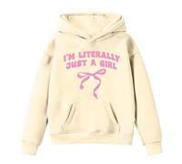 BIBOKAOKE Sudadera con capucha para niña de manga larga con estampado de letras de I'm Literally Just A Girl Motivdruck Casual Top con estampado de lazos, informal, básico, Estilo#o01 Beige, 9-10 años