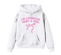 BIBOKAOKE Sudadera con capucha para niña de manga larga con estampado de letras de I'm Literally Just A Girl Motivdruck Casual Top con estampado de lazos, informal, básico, Estilo#o09 Blanco, 7-8 años