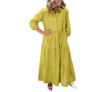 BIBOKAOKE Vestido de mujer con cuello de camisa, vestido largo ajustado con falda de volantes y mangas 3/4, cómodo vestido largo para el día a día y el tiempo libre, Estilo#c11 Amarillo, L