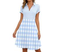 BIBOKAOKE Vestido de mujer de manga corta con rayas a cuadros - Vestido moderno con cuello en V | Elegante vestido de verano para tiempo libre playa y salidas informales, Style#v04 Blue, XL