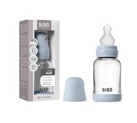 BIBS Baby Glass Bottle. Anticólicos. Tetina redonda de Silicona. Favorece la lactancia natural, 120ml, Complete Set - Baby Blue