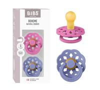 BIBS Boheme Chupete, 0-6 meses, pack de 2, tetina redonda, Bubblegum/Peri | Látex de caucho natural | Talla 1 | Sin BPA | Fabricado en Dinamarca | Alta aceptación | Orificios de aire | Escudo cómodo