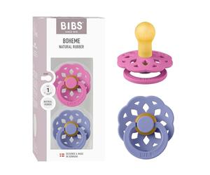 BIBS Boheme Chupete, 0-6 meses, pack de 2, tetina redonda, Bubblegum/Peri | Látex de caucho natural | Talla 1 | Sin BPA | Fabricado en Dinamarca | Alta aceptación | Orificios de aire | Escudo cómodo