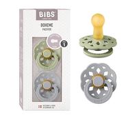 BIBS Boheme Chupete, 0-6 meses, pack de 2, tetina redonda, Sage/Cloud | Látex de caucho natural | Talla 1 | Sin BPA | Fabricado en Dinamarca | Alta aceptación | Orificios de aire | Escudo cómodo