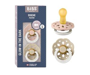 BIBS Boheme - Chupete que brilla en la oscuridad, 2 unidades, sin BPA, látex para pezón redondo, talla 2 (6-18 meses), brillo rubor y vainilla brillante