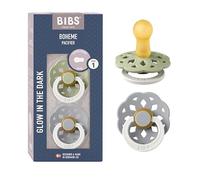 BIBS Boheme GLOW Chupete, 0-6 meses, 2-pack, Sage/Cloud | Tetina redonda | Látex de caucho natural | Talla 1 | Sin BPA | Fabricado en Dinamarca | Asa luminosa | Alta aceptación