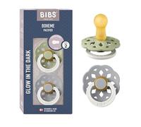 BIBS Boheme GLOW Chupete, 6-18 meses, 2-pack, Sage/Cloud | Tetina redonda | Látex de caucho natural | Talla 2 | Sin BPA | Fabricado en Dinamarca | Asa luminosa | Alta aceptación