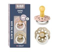BIBS Boheme Glow - Pack de 2 chupetes sin BPA, brilla en la oscuridad, forma de cereza, pezón, caucho natural/látex, fabricado en Dinamarca. 0-6 meses (paquete de 2), Blush Glow/Vanilla Glow