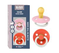 BIBS Colour Chupete Glow, 0-6 meses, pack de 2, redonda, Baby Pink/Tango | Tetina redonda | Caucho natural | Talla 1 | Asa que brilla en la oscuridad | Alta aceptación de la tetina | Orificios de aire
