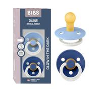 BIBS Colour Chupete Glow, 0-6 meses, pack de 2, Sky Blue/Cornflower | Tetina redonda | Caucho natural | Talla 1 | Asa que brilla en la oscuridad | Alta aceptación de la tetina | Orificios de aire