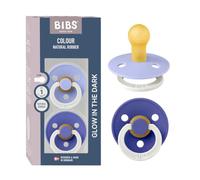 BIBS Colour Chupete Glow, 0-6 meses, pack de 2, tetina redonda, Hush/Grape | Tetina redonda | Caucho natural | Talla 1 | Asa que brilla en la oscuridad | Alta aceptación de la tetina | Orificios de aire