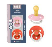 BIBS Colour Chupete Glow, 6-18 meses, pack de 2, redonda, Baby Pink/Tango | Tetina redonda | Caucho natural | Talla 2 | Asa que brilla en la oscuridad | Alta aceptación de la tetina | Orificios de aire