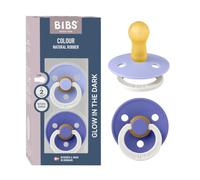 BIBS Colour Chupete Glow, 6-18 meses, pack de 2, tetina redonda, Hush/Grape | Tetina redonda | Caucho natural | Talla 2 | Asa que brilla en la oscuridad | Alta aceptación de la tetina | Orificios de aire