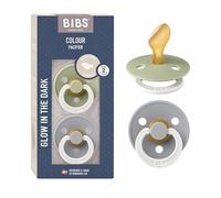 BIBS Colour GLOW Chupete, 6-18 meses, 2-pack, Sage/Cloud | Tetina anatómica | Látex de caucho natural | Talla 2 | Sin BPA | Fabricado en Dinamarca | Asa luminosa | Alta aceptación