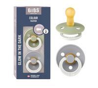BIBS Colour GLOW Chupete, 6-18 meses, pack de 2, Sage GLOW/Cloud GLOW | Tetina redonda | Látex de caucho natural | Talla 2 | Sin BPA | Fabricado en Dinamarca | Asa luminosa | Alta aceptación