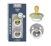 BIBS Colour GLOW Chupete, 6-18 meses, pack de 2, Sage GLOW/Cloud GLOW | Tetina simétrica | Látex de caucho natural | Talla 2 | Sin BPA