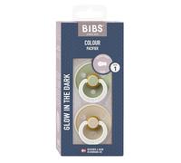 BIBS Colour Glow - Pack de 2 chupetes sin BPA, brilla en la oscuridad, forma de cereza, pezón, caucho natural/látex, fabricado en Dinamarca, talla 2 (0-6 meses). Sage Glow/Vanilla Glow