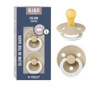 BIBS Colour Glow Paquete de 2 chupetes. Libre de BPA | Látex de caucho natural | Tamaño 1 | Sin BPA | Fabricado en Dinamarca | Anillo luminoso | Alta aceptación | Agujeros de aire