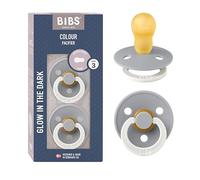 BIBS Colour Glow Paquete de 2 chupetes. Libre de BPA | Látex de caucho natural | Tamaño 3 | Sin BPA | Fabricado en Dinamarca | Anillo luminoso | Alta aceptación | Agujeros de aire