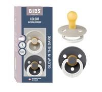BIBS Colour Glow Paquete de 2 chupetes. Libre de BPA, Tetina redonda. Látex natural, Talla 1 (0-6 meses), Sand Glow/Iron Glow