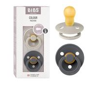 BIBS Colour Paquete de 2 chupetes. Libre de BPA, Tetina redonda. Látex natural, Hecho en Dinamarca, 18+ meses (Paquete de 2), Sand/Iron