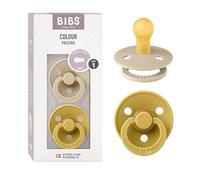 BIBS Colour Paquete de 2 chupetes. Libre de BPA, Tetina redonda. Látex natural, Talla 1 (0-6 meses), Vanilla/Mustard