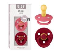 BIBS Colour Paquete de 2 chupetes. Libre de BPA, Tetina redonda. Látex natural, Talla 2 (6-18 meses), Coral / Ruby
