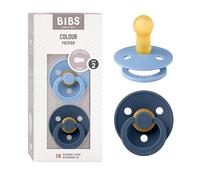 BIBS Colour Paquete de 2 chupetes. Libre de BPA, Tetina redonda. Látex natural, Talla 2 (6-18 meses), Sky Blue/Steel Blue