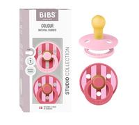 BIBS Colour Studio Paquete de 2 chupetes. Libre de BPA, Tetina redonda. Látex natural, Hecho en Dinamarca, 0-6 meses (Paquete de 2), Block Baby Pink/Coral