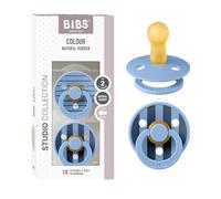 BIBS Colour Studio Paquete de 2 chupetes. Libre de BPA, Tetina redonda. Látex natural, Hecho en Dinamarca, 6-18 meses (Paquete de 2), Pin Sky Blue