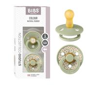 BIBS Colour Studio Paquete de 2 chupetes. Libre de BPA, Tetina redonda. Látex natural, Hecho en Dinamarca, 6-18 meses (Paquete de 2), Jasmine/Sage