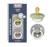 BIBS Colour Symmetrical Glow Paquete de 2 chupetes. Libre de BPA, Tetina con forma simétrica. Látex natural. Talla 1 (0-6 meses), Sage Glow/Cloud Glow