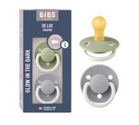 BIBS De Lux Paquete de 2 chupetes. Libre de BPA, Tetina redonda. Látex natural, Talla 1 (0-6 meses), Sage NIGHT/Cloud NIGHT