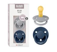 BIBS De Lux Paquete de 2 chupetes. Libre de BPA, Tetina redonda. Látex natural, Talla 2 (6-18 meses), Cloud/Steel Blue