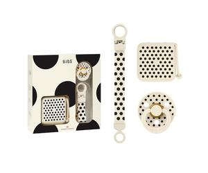 BIBS Gift Set Polka Soothe & Go, con chupete de color BIBS Studio Polka Dots, caja para chupete y clip sujetachupete, chupete sin BPA, tetina redonda. Látex natural, talla 2 (6-18 meses), Ivory