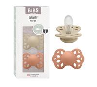 BIBS Infinity Chupete, 0-6 meses, 2-pack, Vanilla/Peach | Tetina simétrica | Silicona | Talla 1 | Sin BPA | Fabricado en Dinamarca | Alta aceptación | Orificios de aire
