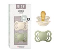 BIBS Supreme Chupete, 0-6 meses, pack de 2, tetina simétrica, Ivory/Sage | Látex de caucho natural | Talla 1 | Sin BPA | Fabricado en Dinamarca | Alta aceptación | Orificios de aire | Escudo cómodo