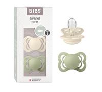 BIBS Supreme Chupete, 0-6 meses, pack de 2, tetina simétrica, Ivory/Sage | Silicona | Talla 1 | Sin BPA | Fabricado en Dinamarca | Alta aceptación | Orificios de aire | Escudo cómodo