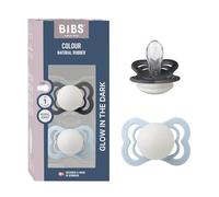 BIBS Supreme Glow Paquete de 2 chupetes. Libre de BPA, Tetina con forma simétrica. Silicona, Hecho en Dinamarca. 0+ meses (Paquete de 2), Iron Glow/Baby Blue Glow