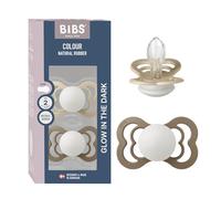 BIBS Supreme Glow Paquete de 2 chupetes. Libre de BPA, Tetina con forma simétrica. Silicona, Hecho en Dinamarca. 6+ meses (Paquete de 2), Vanilla Glow/Dark Oark Glow