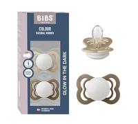 BIBS Supreme Glow Paquete de 2 chupetes. Libre de BPA, Tetina con forma simétrica. Silicona, Hecho en Dinamarca. 0+ meses (Paquete de 2), Vanilla Glow/Dark Oark Glow