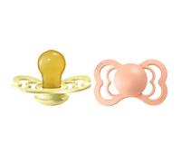 BIBS Supreme Paquete de 2 chupetes. Libre de BPA, Tetina con forma simétrica/Fisiológica. Látex natural, Hecho en Dinamarca. 0+ meses (Paquete de 2), Sunshine/Peach Sunset