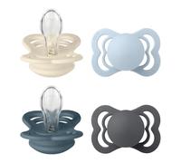 BIBS Supreme Paquete de 4 chupetes. Libre de BPA, Tetina con forma simétrica. Silicona, Hecho en Dinamarca. 0+ meses (Paquete de 4), Ivory/Baby Blue/Petrol/Iron