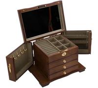 BIBTOO Caja Grande de Madera Maciza for Guardar Anillos, Pendientes, Anillos, Collares, Joyas, Regalo con Cerradura.(1)