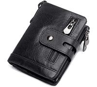 BIBTOO Exquisite Retro Mini Wallets with Zipper Pocket Men Genuine Leather Purses Large Capacity Fashion Cow Leather Billfold Pocket Organizer Wallets(Black)