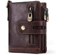 BIBTOO Exquisite Retro Mini Wallets with Zipper Pocket Men Genuine Leather Purses Large Capacity Fashion Cow Leather Billfold Pocket Organizer Wallets(Brown)