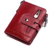 BIBTOO Exquisite Retro Mini Wallets with Zipper Pocket Men Genuine Leather Purses Large Capacity Fashion Cow Leather Billfold Pocket Organizer Wallets(Red)